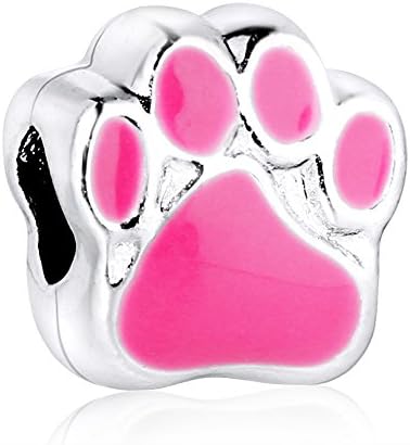 WAYA Colorful Pink Enamel Footprint Silver Charms European Bead Fit Women Chain Bracelet Bangle