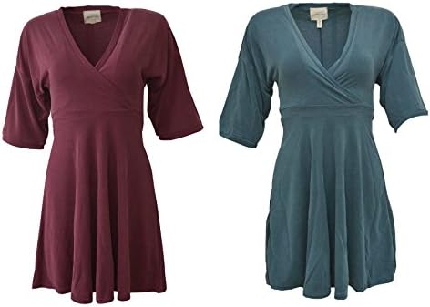 Half Sleeve Plunge V Neck Wrap Dress Stretch Fit Drop Sleeve Skater Dress