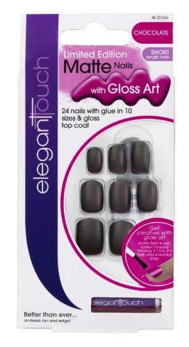 Elegant Touch Matte Nail with Gloss Art and 2ml Pink Nail Glue Chocolate (24 Nails in 10 Sizes)