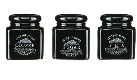 TEA COFFEE SUGAR JAR SET BLACK CERAMIC KITCHEN STORAGE