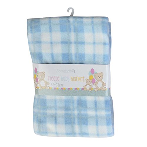 Super Soft Check Baby Fleece Blanket New Baby Cot Bed Mosses Pram Basket (CHECK, BLUE)