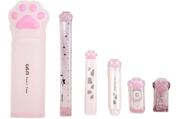 MROOFUL Kawaii Trousse à Crayons en Forme de Patte de Chat avec Gomme, Taille-Crayon, Ruban correcteur pour Adolescentes, boîte Transparente