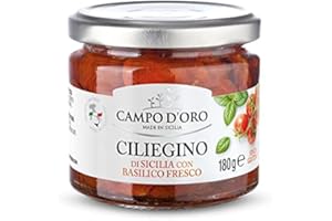 CAMPO D'ORO | CERISE DE SICILE Tomates cerises 180 GR | Spécialités siciliennes pour recettes, sauce prête à l'emploi, tomates séchées au basilic frais. 100% Made in Italy