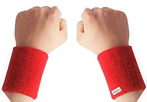 HeadTurners Sweat Band Wrist Band/Wrist Support for Gym, Cricket, Running and Sports Activities 5 inches- (2 pcs, Red)