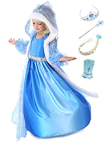 Eleasica Fille Manches Longues Déguisements Longue Cape Princesse Elsa Reine des Neiges Costume Accessoires Diadème Gants Baguette Magique Tresse Bleu Cosplay Halloween Noël 3-10ans