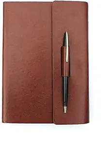 KOSMC Tan Leather Notebook Lined Pages- Pen Holder Secures The Diary |Easy to Handle Access | Double Flap |Stitched Mobile Sleeve (Size - 8.35 X 6.10), TAN Brown