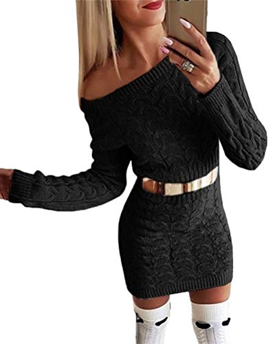 ORANDESIGNE Femme Robe Pull Tricoté Col Rond Solide Couleur Manche Longue Robe Sexy Pullover Mini Dress Long Tricots Jumper Sweater Automne Hiver Noir 38