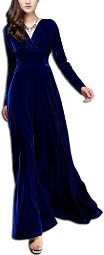 KAXIDY Long Dress V-Neck Long Sleeve Velvet Evening Gowns Cocktail Dresses (X-Large,Sapphire)