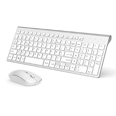 JOYACCESS Clavier Souris sans Fil,2,4Ghz Ultra-Fins Compacte Clavier Fil sans,Portable Silencieux 2400 DPI Ergonomique Clavier Souris pour PC,Smart TV,Ordinateur(AZERTY Disposition)-Blanc Argent