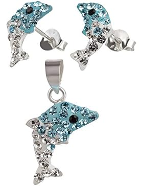 SL-Silver Kinderohrringe und Anhänger Delfin Kristall aqha-weiss Set 925 Silber