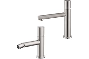 INBAGNO Set miscelatori lavabo e bidet satinato senza leva in acciaio inox, manopola rotante e indicatori per l’acqua, GEMINI