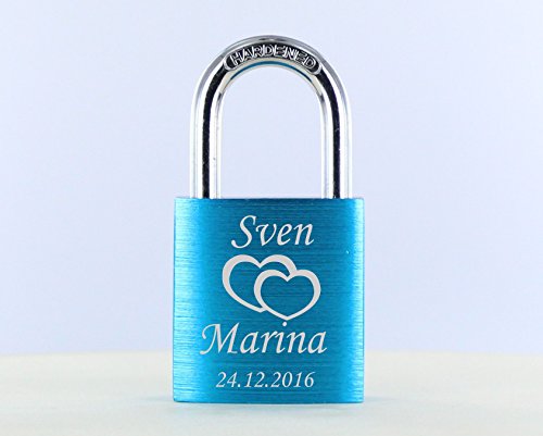 VIP-LASER Liebesschloss (M004) mit Deinem Namen, Datum und mit schönen zwei Herzen sehr detailiert graviert! Farbe: Blau / Blue