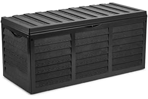 Gr8 Garden 320 Litre Black Plastic Storage Box Lid Patio Shed Utility Cushion Chest Wooden Fence Panel Effect Large Truck Indoor Outdoor Furniture