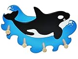 große Garderobe - " Wal Orca Fisch " - Holz mit 4 Haken - große stabile Wandgarderobe Garderobenhaken / Kindergarderobe Wandgarderobe Wandhaken Kleiderhaken für Kinderzimmer Jungen Mädchen