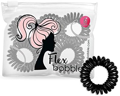 Flex Bobble – coil style suitable for all hair types and various styles including tied back, high ponytail, messy bun, half up top knot, etc – zip pack of 6 (Jet Black)