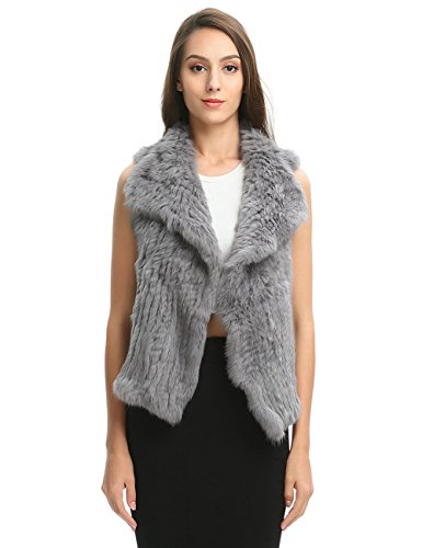 Ferand - Élégante Gilet Veste d'Hiver sans Manches en Vrai Fourrure de Lapin Tricotée au Crochet en Cascade - Femme - Gris Clair - X-Large