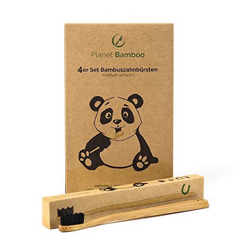 Planet Bamboo ? Paquete de 4 cepillos de dientes de bambú (adultos | blanco o negro| mediano), cerdas de masaje (Negro) (Negro)