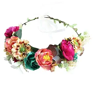 LLinfflr Women Floral Crown Flower Garland Headband Hair Wreath Floral Halo Headpiece Boho with Ribbon Wedding Party Photos