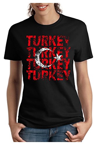 OM3 – TURKEY – Damen T-Shirt tailliert – TÜRKIYE EM 2016 FRANKREICH FRANCE FUSSBALL FANSHIRT SOCCER SPORT TRIKOT EUROPAMEISTER, M, schwarz