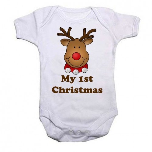 A Christmas Unisex Baby Grow With the picture of a Cute Reindeer With the wording My 1st Christmas from our Baby Clothing range. A unique Birthday , Christening or Christmas stocking filler gift idea for new babies bodysuit , Onesie (6-12 Months)