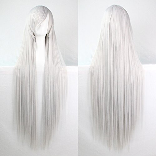 Womens Ladies Girls 100cm Silver White Color Long Straight Wigs High Quality Hair Carve Cosplay Costume Anime Party Bangs Full Sexy Wigs