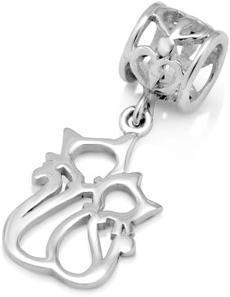 925 Sterling Silver Cute Couple Cat Cut Out Dangle Bead Charm Fits Pandora Bracelet