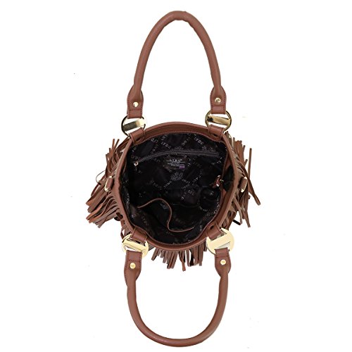 LYDC Black Fringe Tassel Shoulder Bag F Leather Designer Punk Saddle Clebrity (Coffee)