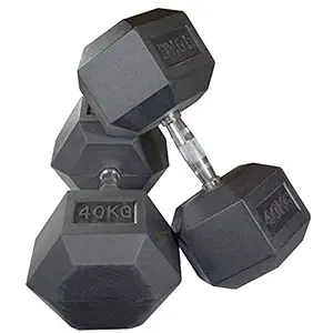 Body Maxx Hex Dumbbells 40 kg Pair, Rubber Dumbbell Set 40kg, Black Rubber Coated Dumbbells with Steel Grip Home Gym Fitness