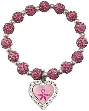 Breast Cancer Awareness Survivor Pink Ribbon Crystal Jeweled Bead Bracelet Gift