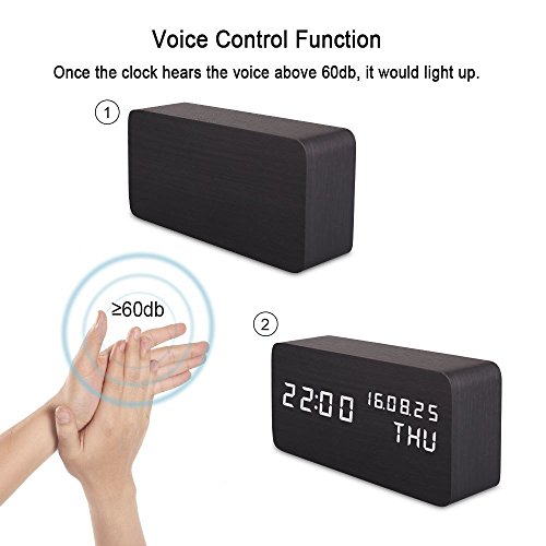 Leeron LED Digital Wecker, Zeigt Uhrzeit Datum Woche und Temperatur, Würfel Holz förmigen Sound Control-Schreibtisch-Wecker für Heim und Büro schwarz - 4