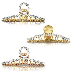Sanas Hair Accessories For Women Stylish 3 Pcs Hair Clips For Women Clips For Girls Metal Clips For Hair Diamond Stone Pearl Hair Clip Stone Hair Clips For Women Claw Clips Hair Clutch Golden Colour