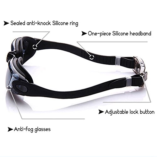 Schwimmbrille Antibeschlag,Laufen 100% UV-Schutz kein Spiegelbeschichtete Linsen Auslaufen Taucherbrille Silikonband mit Schnellverschluss Einstellbare , Geschenke Nasenklammer,Ohrstöpsel & Badekappe - 2