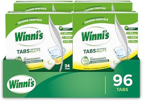 Winni's - Pastiglie per Lavastoviglie, 192 Tabs, Detersivo Multiazione Detergente, Sgrassante, Antiodore e Brillantante, Fragranza di Limone, con Materie Prime di Origine Vegetale, Confezione da 8