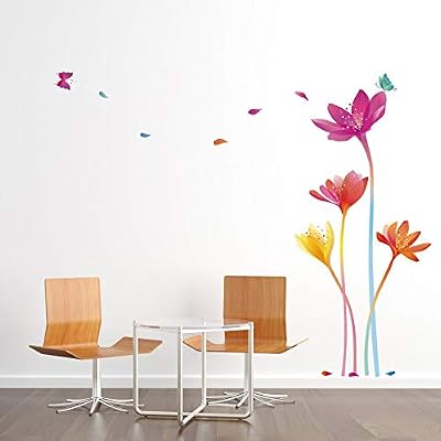 Ambiance Sticker Stickers adhésifs Fleurs | Sticker Autocollant Fleurs et Papillons Arc-en-Ciel - Décoration Murale Chambres et séjours | 70 x 50 cm