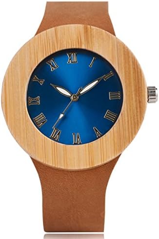 Creative Women Wooden Watch Blue/Green Face Bamboo Minimalist Roman Number Quartz Genuine Leather Wristwatch (Blue)