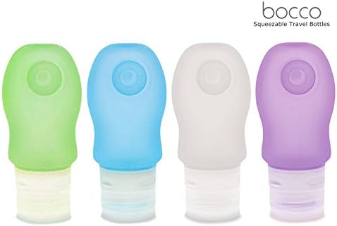 Bocco Leak Proof Squeezable Travel Bottles, Flight Cabin Approved Travel Accessories for Hand Luggage - Perfect for Liquid Toiletries - 4 Pack (All Medium 2 oz / 60ml Bottles) (Blue/Purple/Clear/Green)