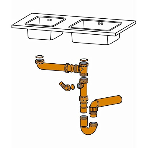 HAAS Küchen Doppelspülen Siphon Sifon 3,5 Zoll x 1 1/2 Zoll DN 50 Ablaufgarnitur Doppelspüle Ablauf Abfluss für 2 Spülen 2975 - 2
