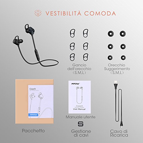 Mpow Auricolari Wireless IPX7 Bluetooth 4.1 Stereo, Cuffie Stereo con Microfono, per iPhone 7/7 plus/6/6 plus/6s/6s plus 5s 5 Samsung Galaxy S6 Edge S5 S4 S3 LG Sony Xiaomi Huawei P9/8 ed altri Smartphone - Nero