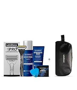 LetsShave Mens Grooming & Shaving Kit with Pro 4 Blades Razor for Men, Shaving Foam for Men, After Shave Balm for Men, Razor Cap & Shaving Bag for Travel | Hair Removal Razor for Men