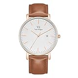 Vigor Rigger Herrenuhr Ultra Thin Damenuhren Analoges Zifferblatt Quarzwerk Lady Armbanduhr Datum Kalenderanzeige Lederband 30M Wasserdicht