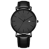 Vigor Rigger Herren Armbanduhr Quarz Superdünn Schwarz Armbanduhr für Damen und Herren Classic Minimalistisches Design mit Datum Kalender und Weiche Lederarmband