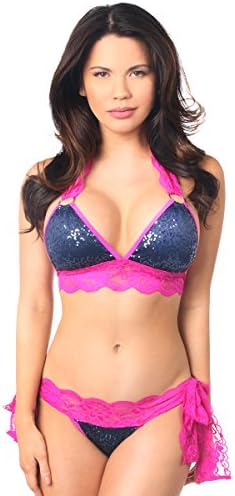 Daisy corsetsWomen's Navy Sequin Pucker Back Bikini W/Fuchsia Lace