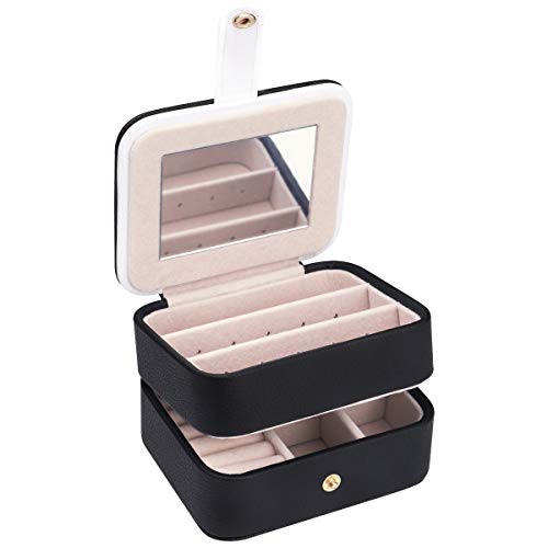LELADY Boîte à Bijoux pour Femmes/Filles, Petite Boîte à Bijoux, Boîte à Bijoux de Voyage pour Boucles d'oreilles Collier Bagues - Faux Cuir - avec Miroir (Noir)