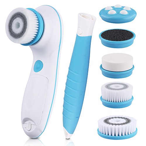 DBPOWER 6 in 1 Waterproof Electric Facial & Body Cleansing Brush with 2 Speed Settings for Skin Care, Include Detachable Handle & 5 Brush Heads and Cute Cosmetic Bag (blue)