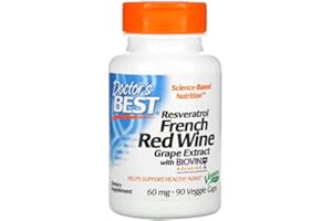 Doctor's Best, Resveratrol French Red Vine Grape Extract (Extrait de Raisin Rouge), 60mg, 90 Capsules végétaliennes, Testé en Laboratoire, Sans Gluten, Sans Soja, Végétarien, Sans OGM