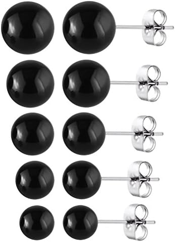 Womens Stainless Steel Stud Earrings Hypoallergenic Pierced Earrings Cubic Zirconia Inlaid 3mm-8mm 6 Pairs(black pearls)