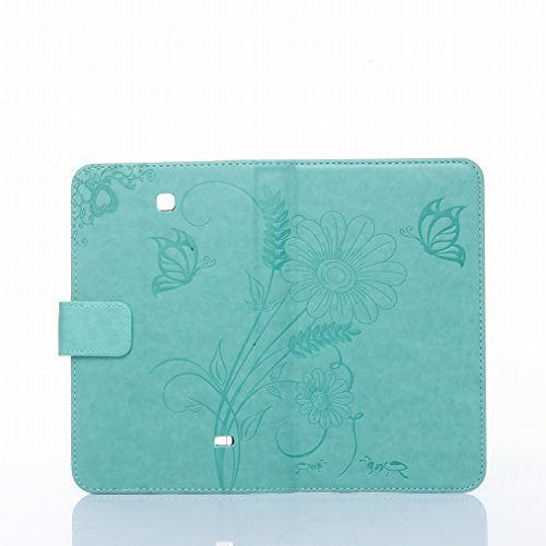 LEMORRY Samsung Galaxy Tap4 7.0 / T230 Hülle Unique Premium PU Flip Ledertasche Soft TPU Silikon Gummi Schutzhülle Schale Tasche Beutel Tasche Haut Card Stehen Bumper Magnetisch Schließung Rear Protection, Blume Schmetterling Drucken Grün - 3