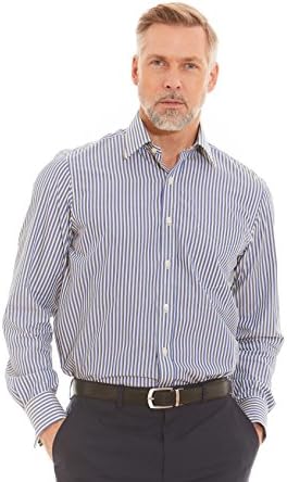 Savile Row Men's Blue Yellow White Stripe Classic Fit Shirt - Double Cuff 16 1/2 Standard Double