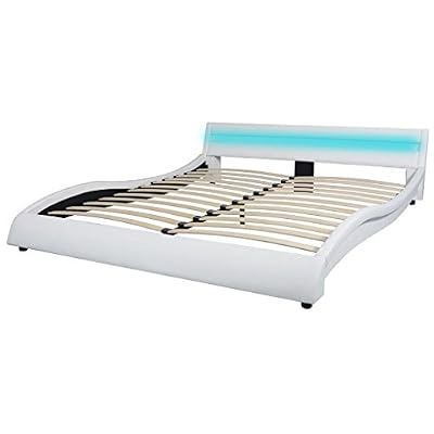 vidaXL Cadre de lit avec LED 160x200 cm Cuir synthétique blanc Lit double Lit adulte