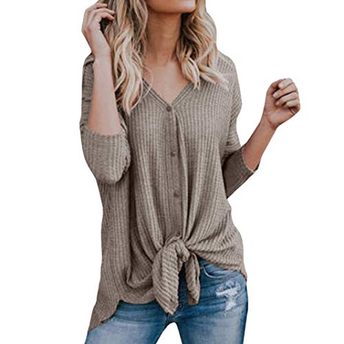 Preisvergleich Produktbild WWricotta Damen Strickpullover Langarmshirt Henleyshirt Basic V-Ausschinitt Lose Bluse Vintage Hemd Jumper Langarm Tunika Cardigan mit Batwing und Knoten